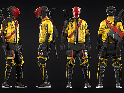 Game Movie Character Wearing Yellow Jacket Red Helmet Black Gear with Backpack and Multiple Angles 3d model