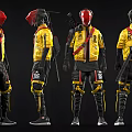 Game Movie Character Wearing Yellow Jacket Red Helmet Black Gear with Backpack and Multiple Angles