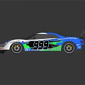 Blue And White Racing Car With Striking Graphics Rear Spoiler And Number 999