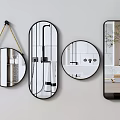 Decorative Bathroom Mirrors In Different Shapes With Black Frame And Reflecting Elements 3d model
