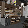 Cozy Café Interior With Wooden Shelves Hanging Menu Boards Pendant Lights And Tables