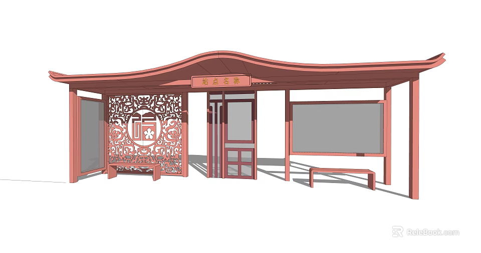 Traditional Style Bus Station With Red Curved Roof Carved Decoration Benches And Information Board 3d model 
