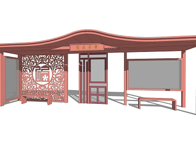 Traditional Style Bus Station With Red Curved Roof Carved Decoration Benches And Information Board 3d model