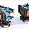 Vintage Wooden Carts Filled With Blue And Pink Striped Bags On Wheels