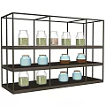 Black Metal Frame Multi Tier Storage Shelf with Glass Jars and Wooden Shelves