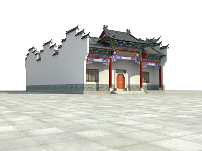 Traditional Chinese Ancient Architecture With Overhanging Eaves White Walls And Red Door 3d model