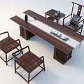 Chinese Style Solid Wood Tea Table with Armchairs and Tea Cups on Tray 3d model