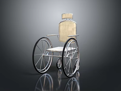 Vintage Wheelchair With Wooden Seat And Metal Frame On Reflective Surface 3d model