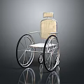 Vintage Wheelchair With Wooden Seat And Metal Frame On Reflective Surface