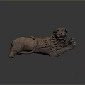 Antique Lion Sculpture Featuring Intricate Carved Details In Reclining Posture