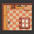 Colorful Kitchen Furniture With Orange Red Cabinets Dining Table And Checkerboard Floor