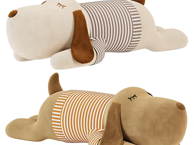 Plush Dog Dolls In Striped Outfits Laying Pose 3d model