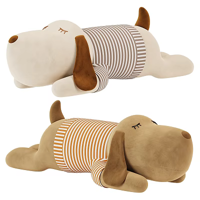 Plush Dog Dolls In Striped Outfits Laying Pose 3d model