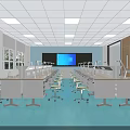 Spacious Bright Classroom With Blue Floor White Desks Lab Tables Large Screen Windows