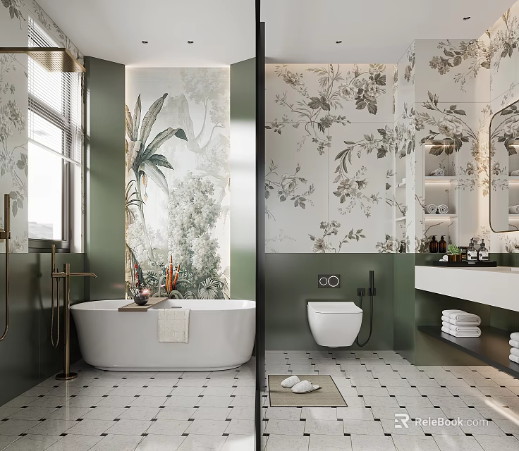 Elegant Bathroom Interior With Green Walls Floral Wallpaper Bathtub And Tiled Floor 3d model 