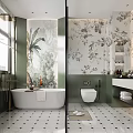 Elegant Bathroom Interior With Green Walls Floral Wallpaper Bathtub And Tiled Floor