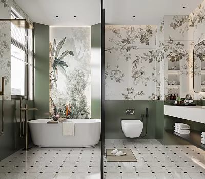 Elegant Bathroom Interior With Green Walls Floral Wallpaper Bathtub And Tiled Floor 3d model