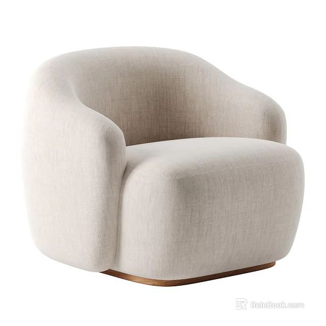 Beige Fabric Single Sofa With Rounded Arms Backrest And Wooden Base Design 3d model 