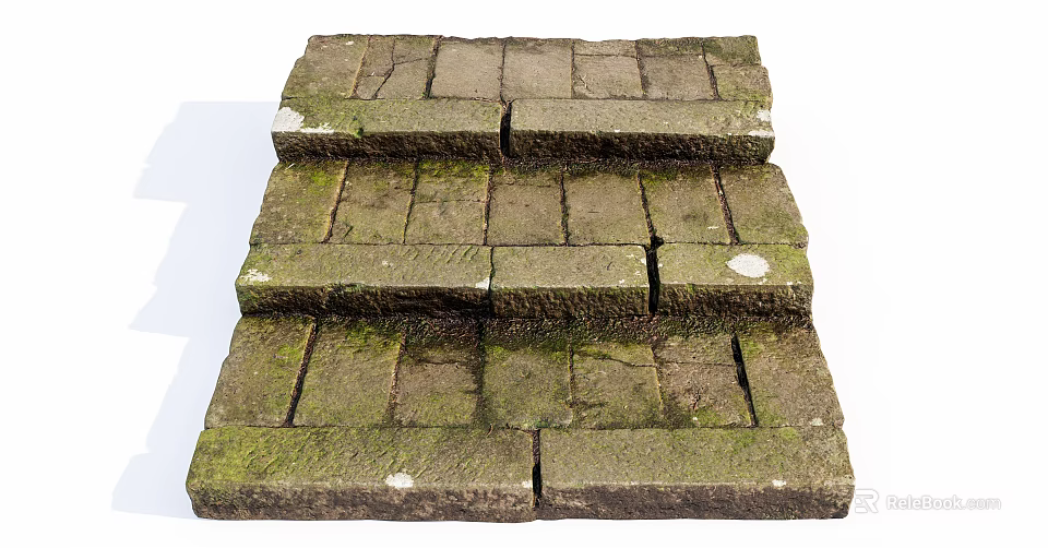 Old Brick Stairs With Moss Covered Surface And Weathered Texture 3d model 