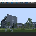 Modern Office Building With Gray Exterior Large Windows Lawn Trees Deer Sculptures And Cars