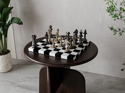 Strategic Board Game Entertainment With Chess Pieces On Wooden Table And Indoor Green Plants For Leisure 3d model