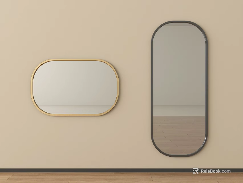 Oval Wall Mirrors With Golden And Black Frames On Beige Wall Wooden Floor 3d model 
