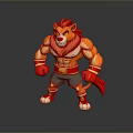 Cartoon Muscular Lion Character with Red Mane Gloves Yellow Belt and Dark Shorts
