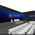 Large Conference Hall Interior With Blue Background Stage Seats And Banners