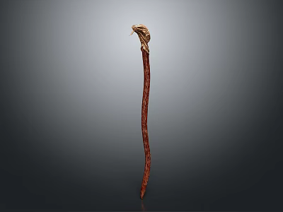 Carved Wooden Cane With Intricate Head Design And Smooth Long Shaft 3d model