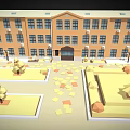 Cartoon style Orange Building With Trees Lawns And Scattered Fallen Leaves In Courtyard