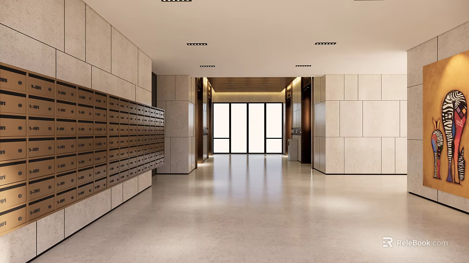 Spacious Elevator Hallway With Mailboxes Stone Walls Polished Floor And Lighting 3d model