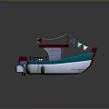 Small Boat With Red Roof And Flags Sailing On Water Surface With Lily Pads And Stones