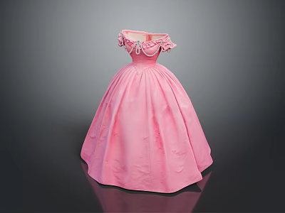 Pink Princess Style Dress With Ruffled Neckline And Flared Skirt Design 3d model