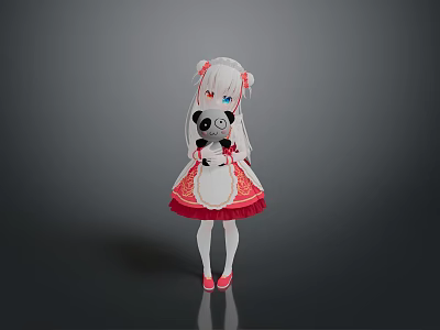 Anime Character Woman With Long White Hair Red Eyes White Red Dress And Panda Plush 3d model