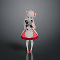 Anime Character Woman With Long White Hair Red Eyes White Red Dress And Panda Plush