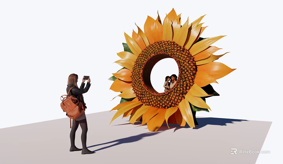Giant Sunflower Sculpture Featuring Circular Hole With People Inside And Person Taking 3d model 