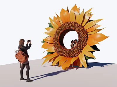 Giant Sunflower Sculpture Featuring Circular Hole With People Inside And Person Taking 3d model