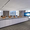 Modern Conference Room With Large Windows Long Conference Table Chairs Projector Screen And Green Plant