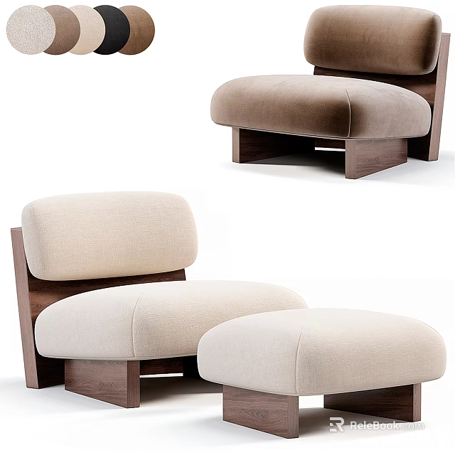 Modern Accent Chair with Wooden Frame Beige Brown Upholstered Cushion and Matching Ottoman 3d model 