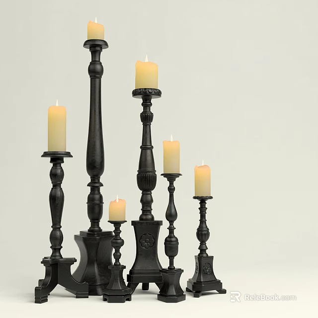 Black Candle Lamps With Lit Candles In Various Heights And Elegant Design 3d model 