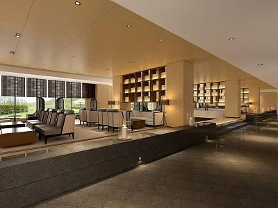 Spacious Modern Hotel Lobby With Lounge Sofas Bookshelves Ambient Lighting And Large Windows 3d model