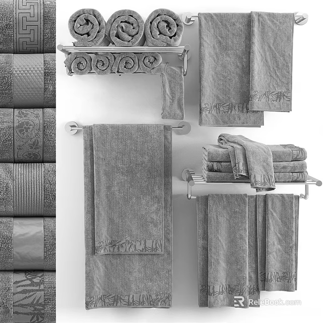 Soft Gray Towels Hanging On Racks And Stacked With Textured Patterns 3d model 