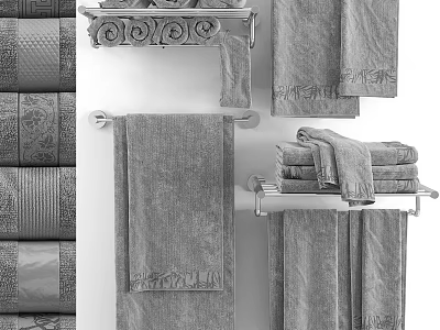 Soft Gray Towels Hanging On Racks And Stacked With Textured Patterns 3d model