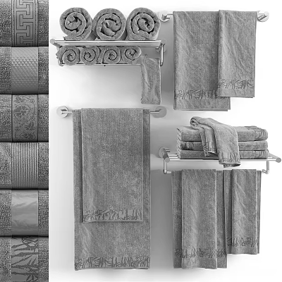 Soft Gray Towels Hanging On Racks And Stacked With Textured Patterns 3d model