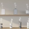 Household Electrical Appliances Multiple Humidifiers on Shelves Different Shapes Colors Releasing Mist