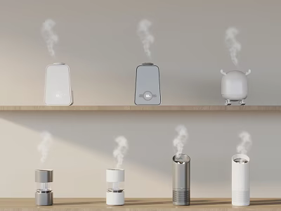Household Electrical Appliances Multiple Humidifiers on Shelves Different Shapes Colors Releasing Mist 3d model