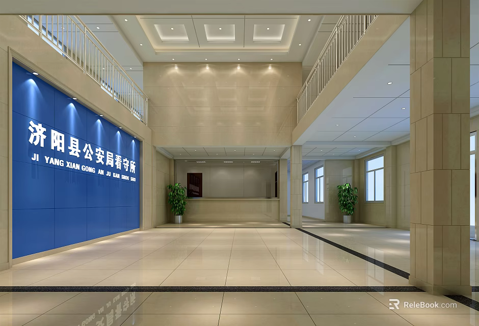 Formal Office Lobby Reception Desk With Marble Floor White Walls Ceiling Lights And Plants 3d model 