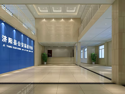 Formal Office Lobby Reception Desk With Marble Floor White Walls Ceiling Lights And Plants 3d model