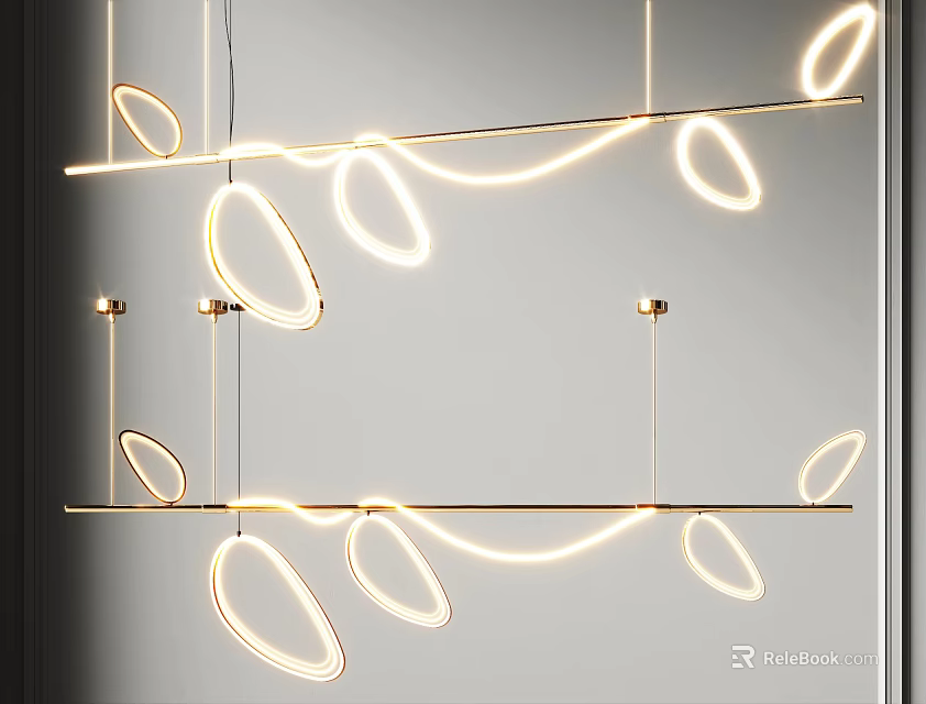 Modern Gold Pendant Light Interior Design With Long Strip And Oval Lamps 3d model 