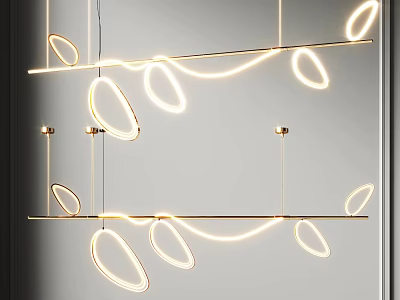 Modern Gold Pendant Light Interior Design With Long Strip And Oval Lamps 3d model